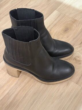 DV by Dolce Vita Black Leather Chelsea Ankle Boots with Tan Block Heel
